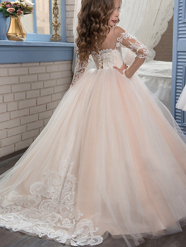Long Ball Gown Tulle Lace Flower Girl Dresses with Sleeves