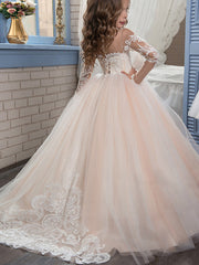 Long Ball Gown Tulle Lace Flower Girl Dresses with Sleeves