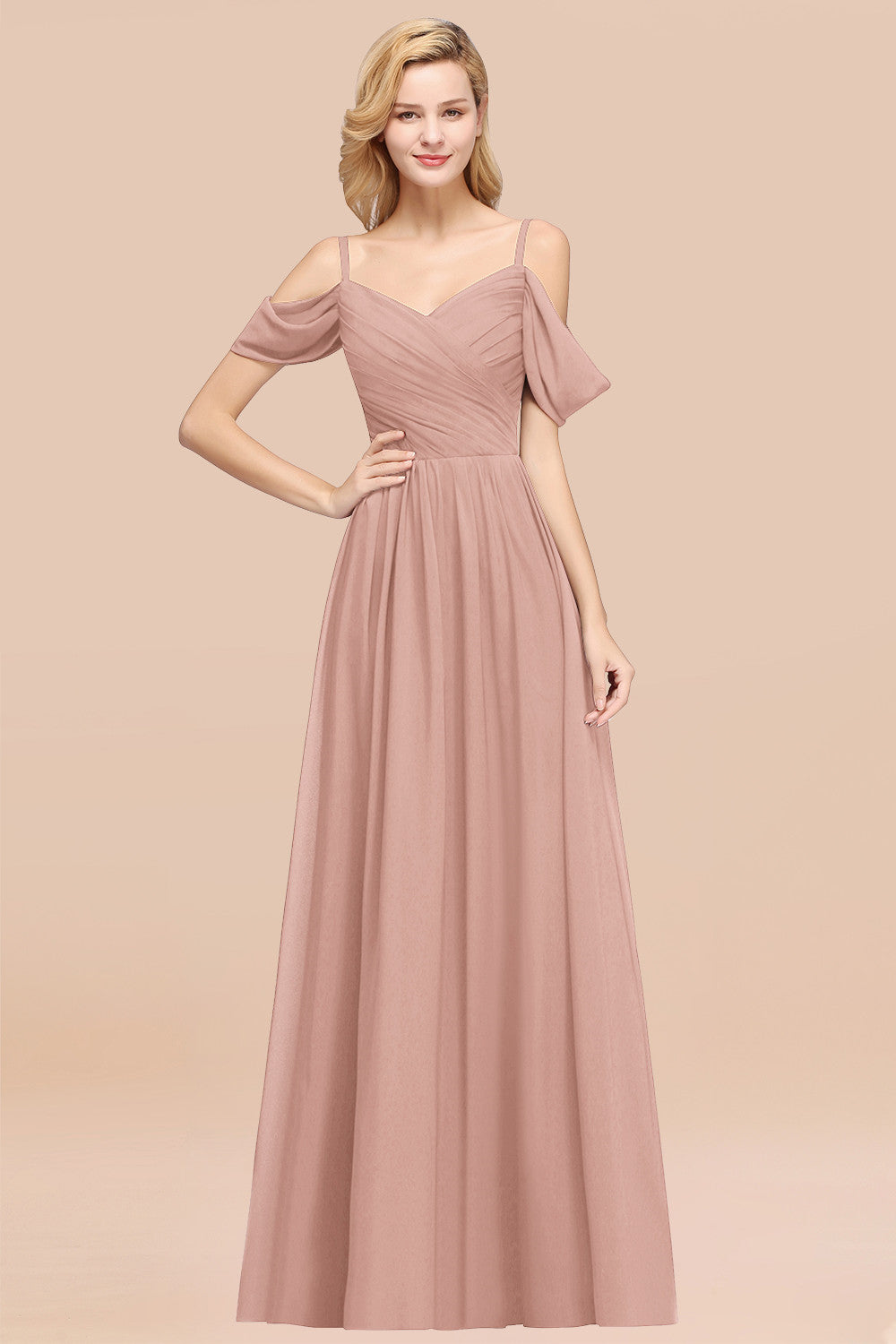 A-Line Chiffon V-Neck Spaghetti Straps Short Sleeves Floor Length Bridesmaid Dresses with Ruffles
