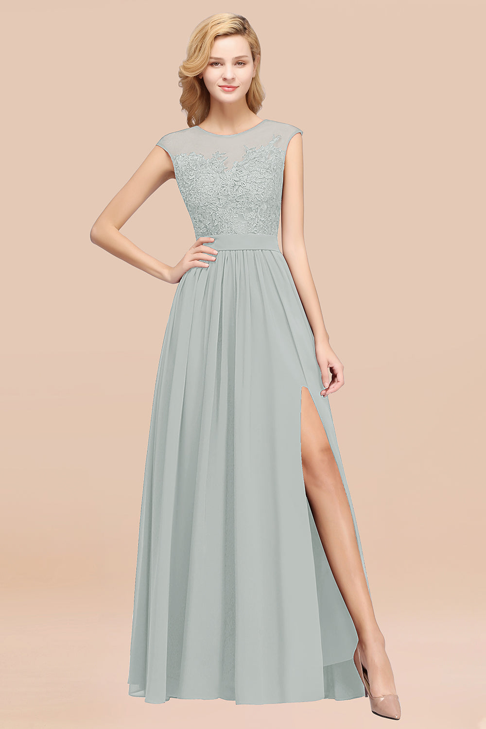 A-line Chiffon Lace Jewel Sleeveless Floor Length Bridesmaid Dresses with Appliques