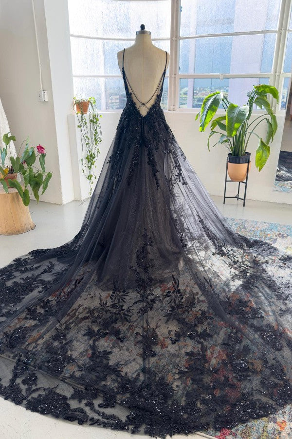 Elegant Black Long A-line V-neck Tulle Lace Open Back Wedding Dresses