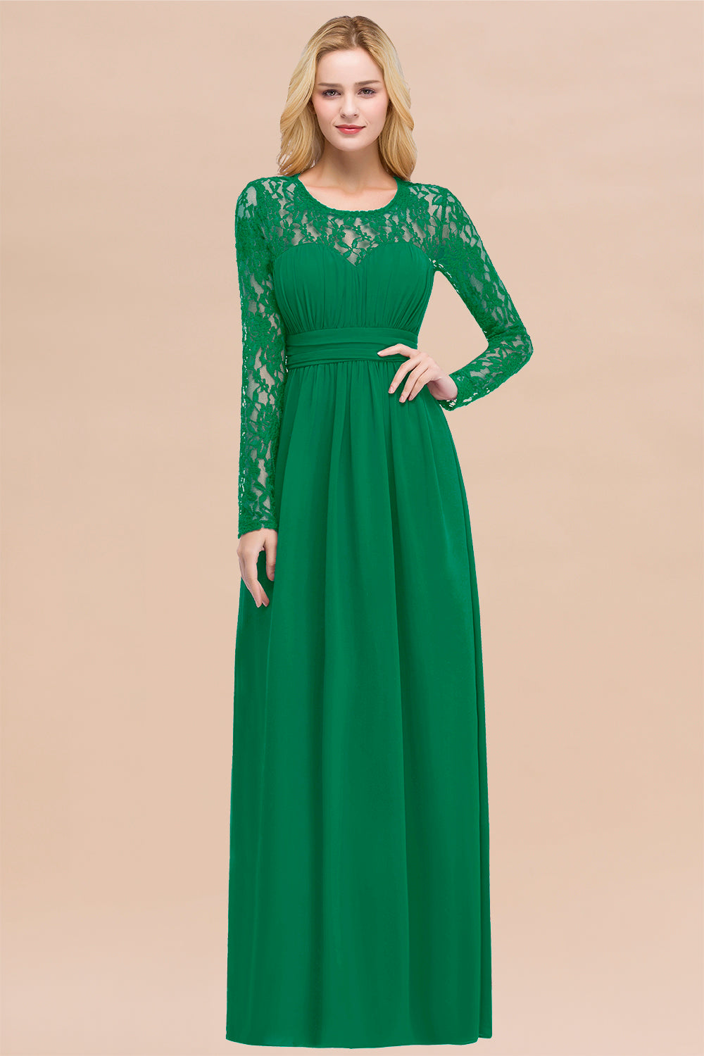 Elegant A-Line Chiffon Jewel Long Sleeves Ruffles Floor Length Bridesmaid Dresses