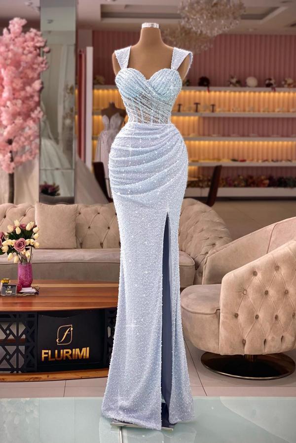 Long Mermaid Sweetheart Sequined Straps High Split Prom Dresses