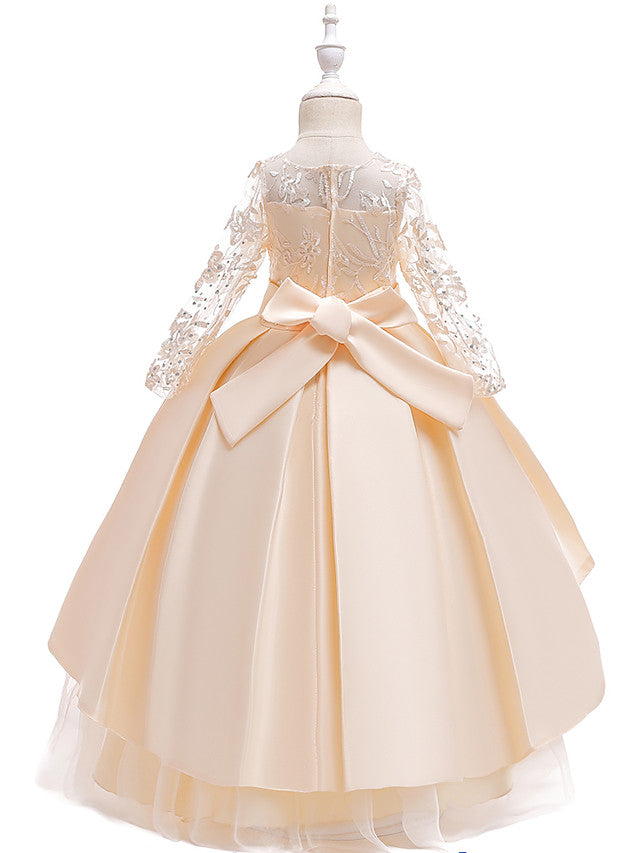 Long Ball Gown Satin Tulle Flower Girl Dresses with Sleeves