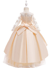 Long Ball Gown Satin Tulle Flower Girl Dresses with Sleeves