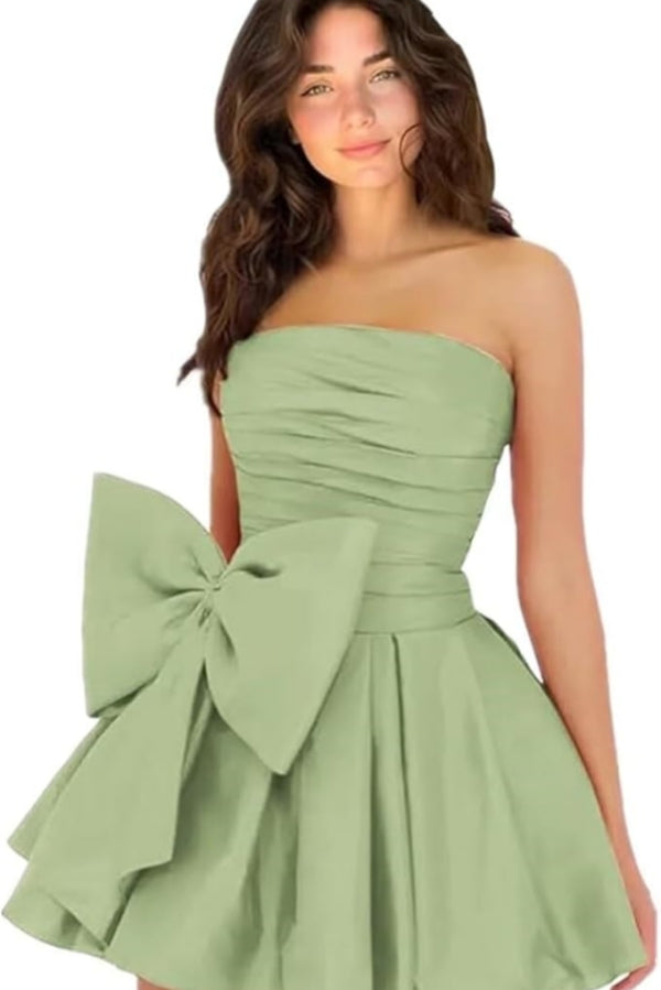 Simple Short A-line Strapless Sleeveless Ruffle Satin Homecoming Dress