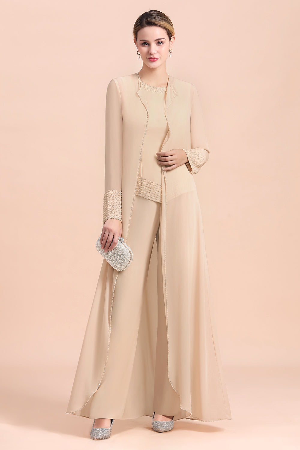 Two Pieces Champagne Long Sleeve Chiffon Mother of the Bride Dress With Jacket