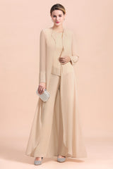 Two Pieces Champagne Long Sleeve Chiffon Mother of the Bride Dress With Jacket