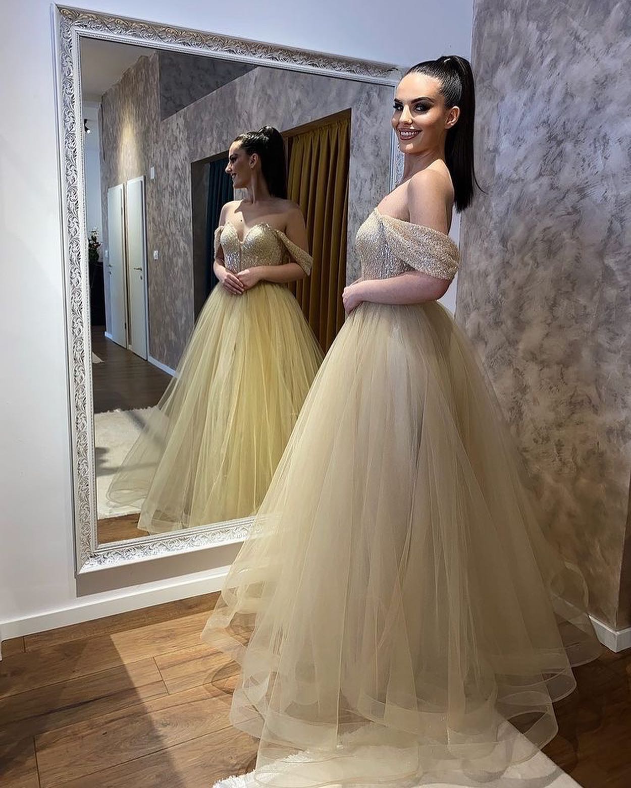 Classy Long Sweetheart Off the Shoulder Beading A-Line Tulle Ruffles Wedding Dress