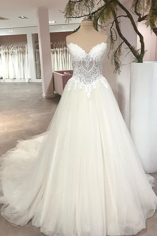 Long A-Line Sweetheart Backless Tulle Appliques Lace Floor Length Wedding Dress