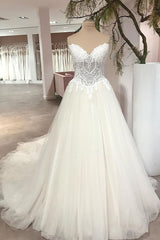 Long A-Line Sweetheart Backless Tulle Appliques Lace Floor Length Wedding Dress