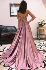 Long V-neck Split Front A-line Satin Prom Dress