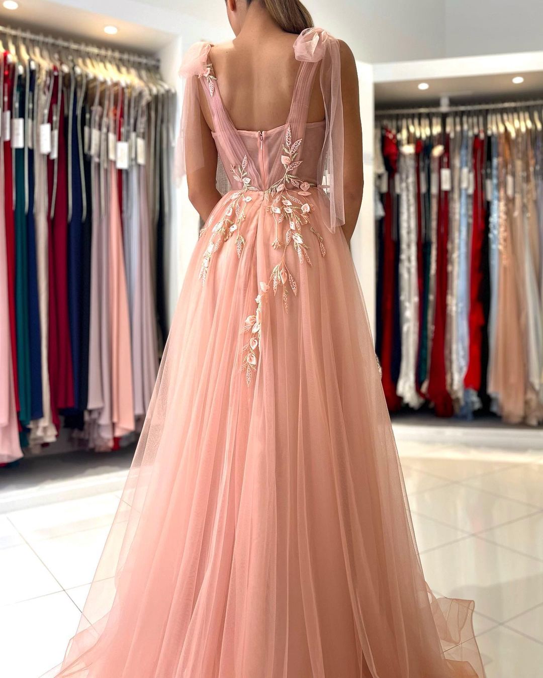 Long A-line Spaghetti Straps Tulle Prom Dress with Slit