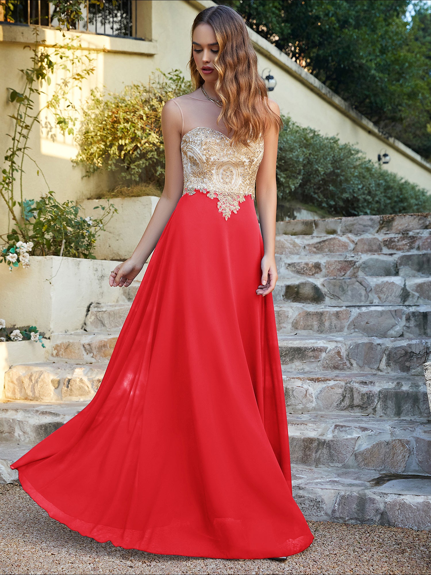 Elegant Long A-line Chiffon Sleeveless Tulle Lace Appliques Prom Dress