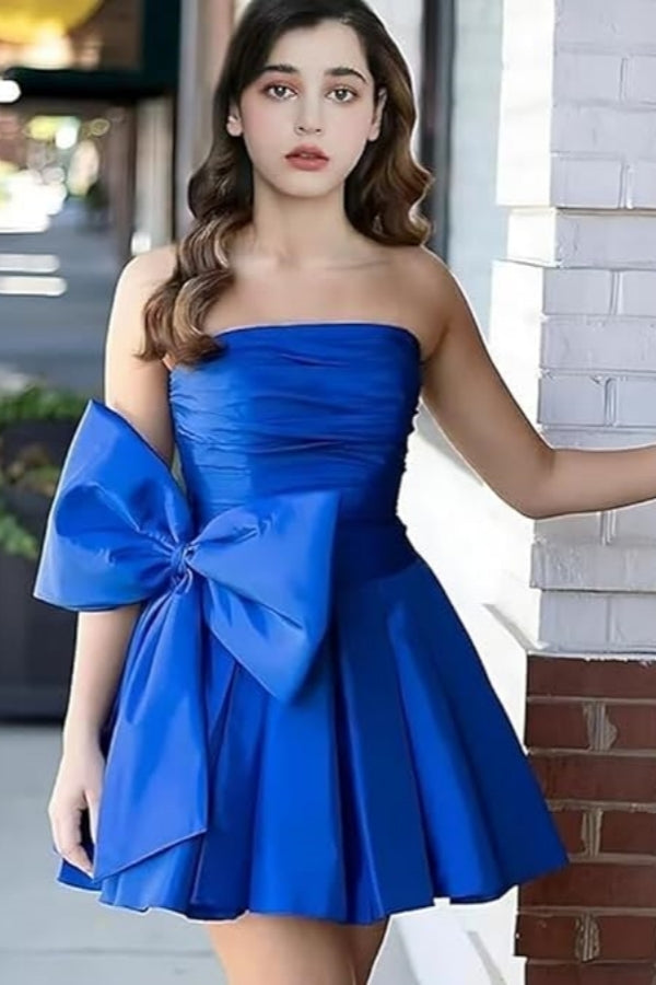 Simple Short A-line Strapless Sleeveless Ruffle Satin Homecoming Dress