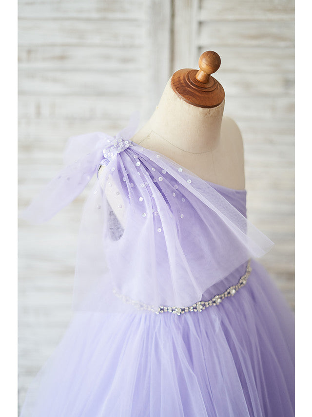 Long One Shoulder Tulle Floor Length Birthday Party Girl Dresses