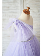Long One Shoulder Tulle Floor Length Birthday Party Girl Dresses