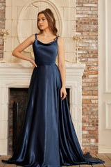 Elegant Long A-line Satin Backless Formal Prom Dresses with Slit