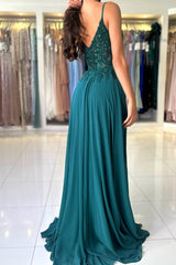 Elegant Long A-line Spaghetti Straps V-neck Chiffon Prom Dress with Silt