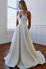 Long V-neck Saitn Straps Bow A-line Wedding Dress with Pockets