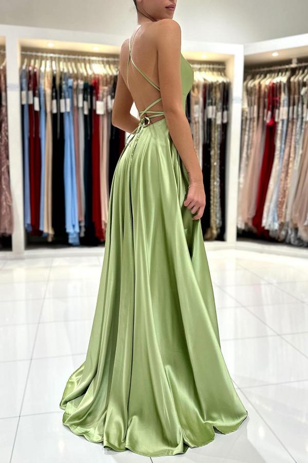 Chic Long A-line Spaghetti Straps Satin Backless Formal Prom Dress with Slit