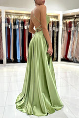 Chic Long A-line Spaghetti Straps Satin Backless Formal Prom Dress with Slit