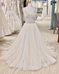 Beautiful Long A-line V-neck Glitter Backless Wedding Dress