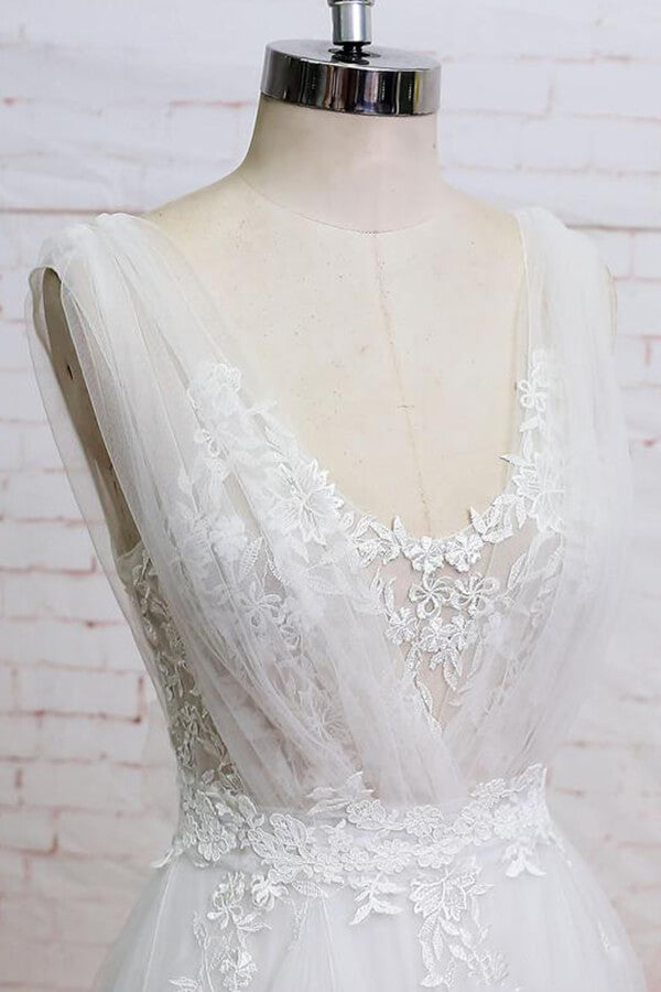 Long Appliques Lace Tulle Ruffle A-line Wedding Dress