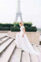 Long White V-Neck Cap Sleeve A-line Lace Chiffon Wedding Dress
