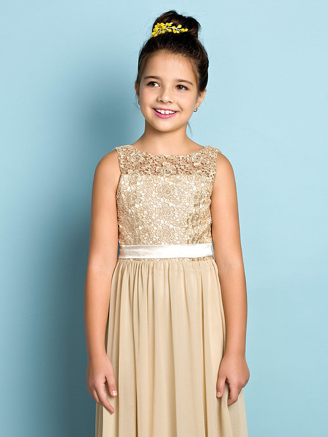 Long A-Line Scoop Neck Floor Length Chiffon Lace Junior Bridesmaid Dress