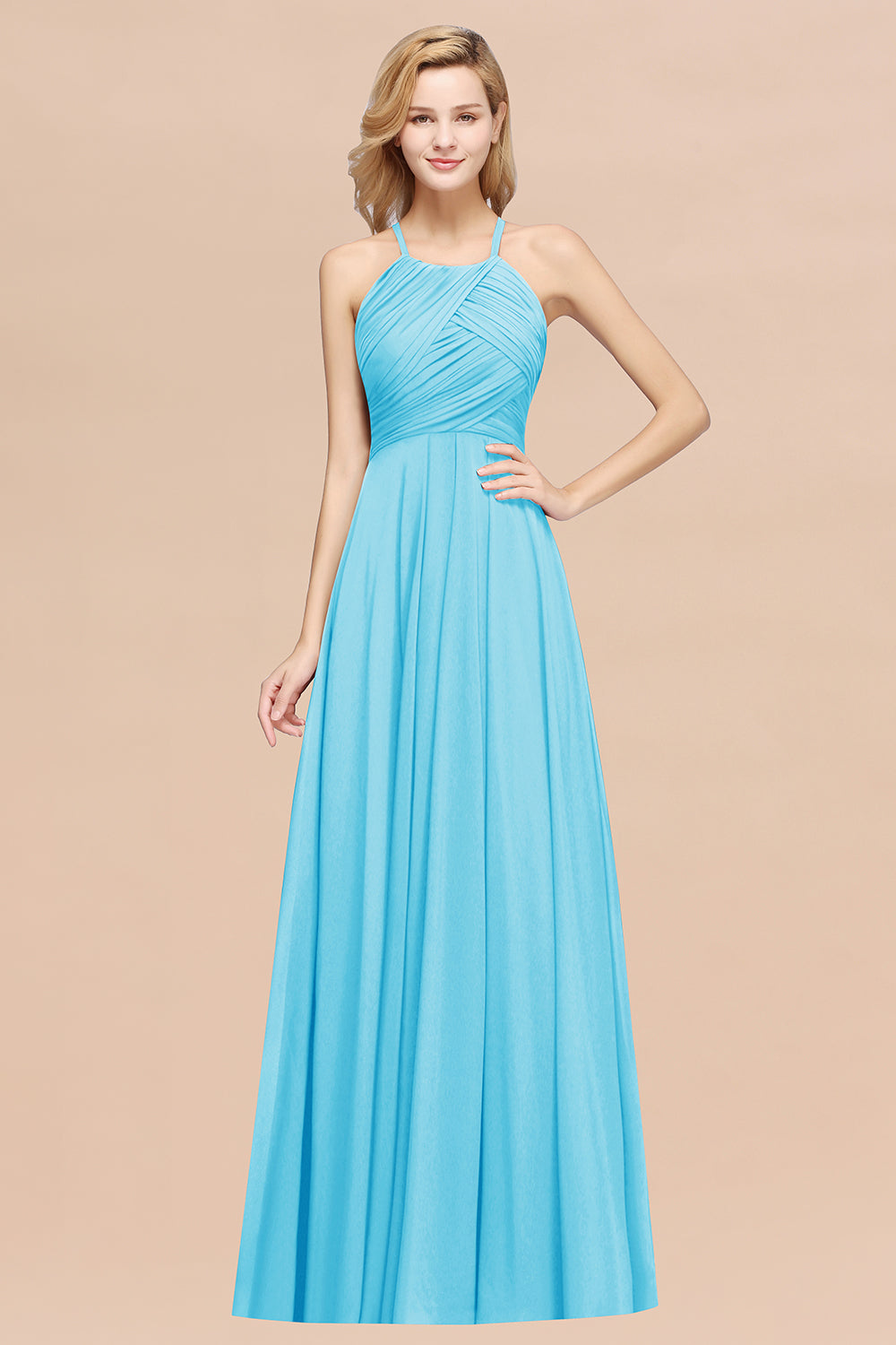 A-Line Chiffon Halter Ruffles Floor Length Bridesmaid Dress