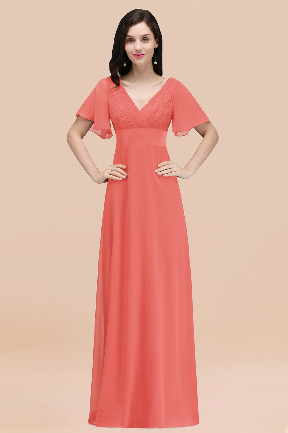 Simple A-Line Chiffon V-Neck Short Sleeves Ruffles Floor Length Bridesmaid Dresses