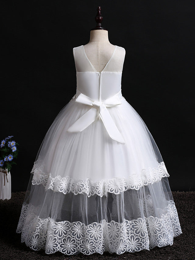 Long Princess Floor Length Sleeveless Jewel Neck Flower Girl Dresses