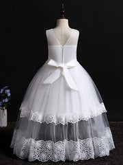 Long Princess Floor Length Sleeveless Jewel Neck Flower Girl Dresses