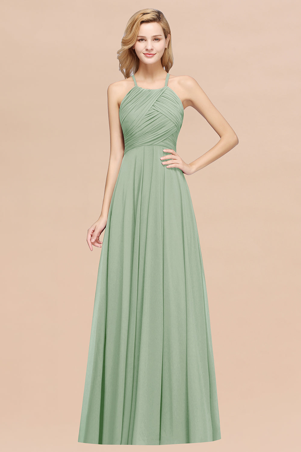 A-Line Chiffon Halter Ruffles Floor Length Bridesmaid Dress