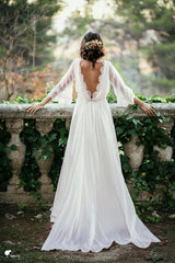 A-line Backless Long Chiffon Beach Wedding Dress with  3/4 Sleeves