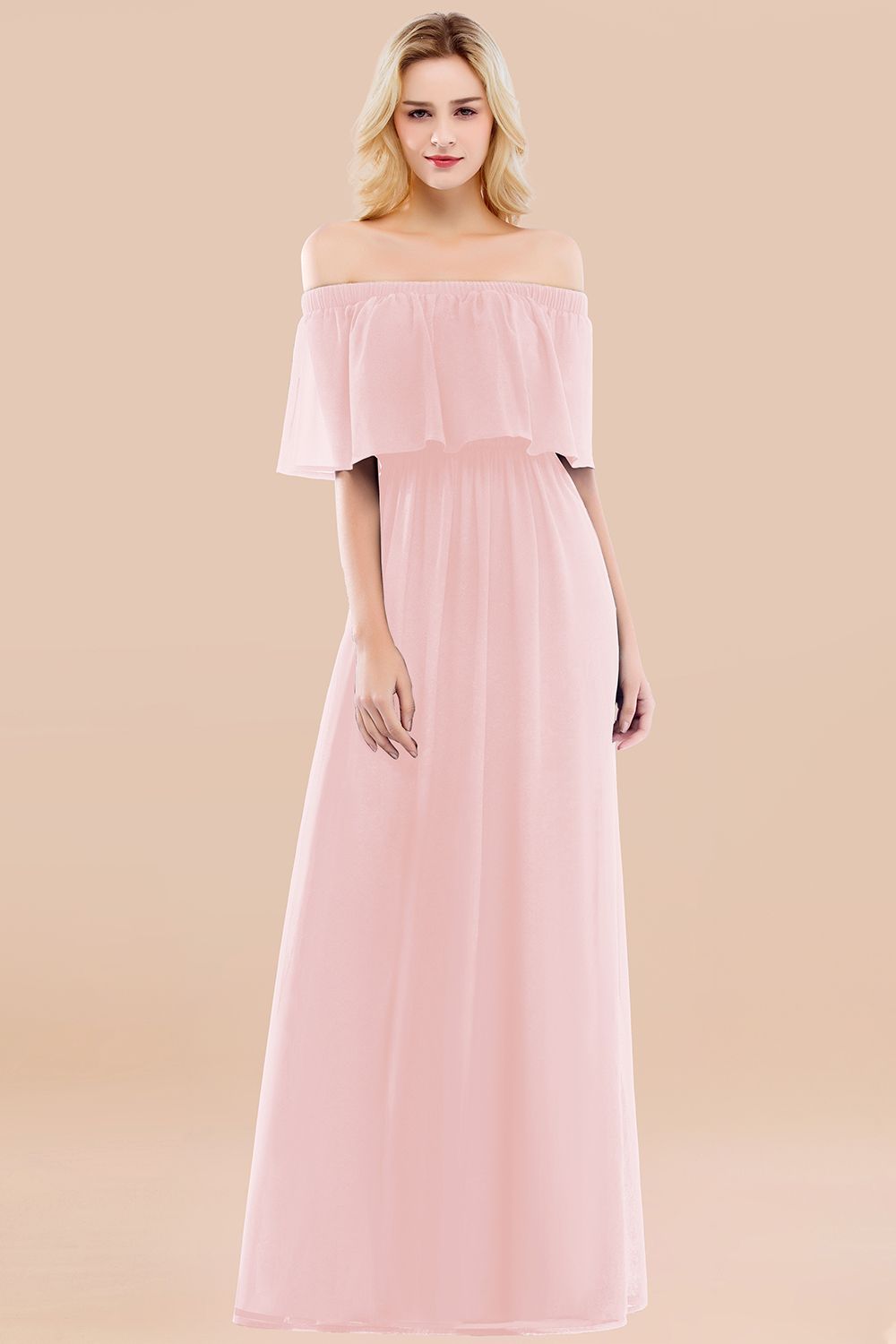 A-line Chiffon Off the Shoulder Short Sleeves Ruffles Floor Length Bridesmaid Dress