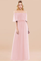 A-line Chiffon Off the Shoulder Short Sleeves Ruffles Floor Length Bridesmaid Dress