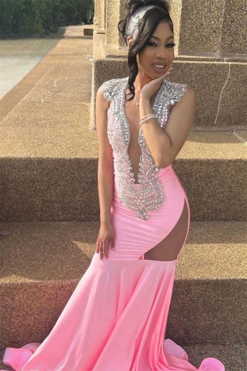 Long Mermaid Satin Beaded V-neck Prom Dress