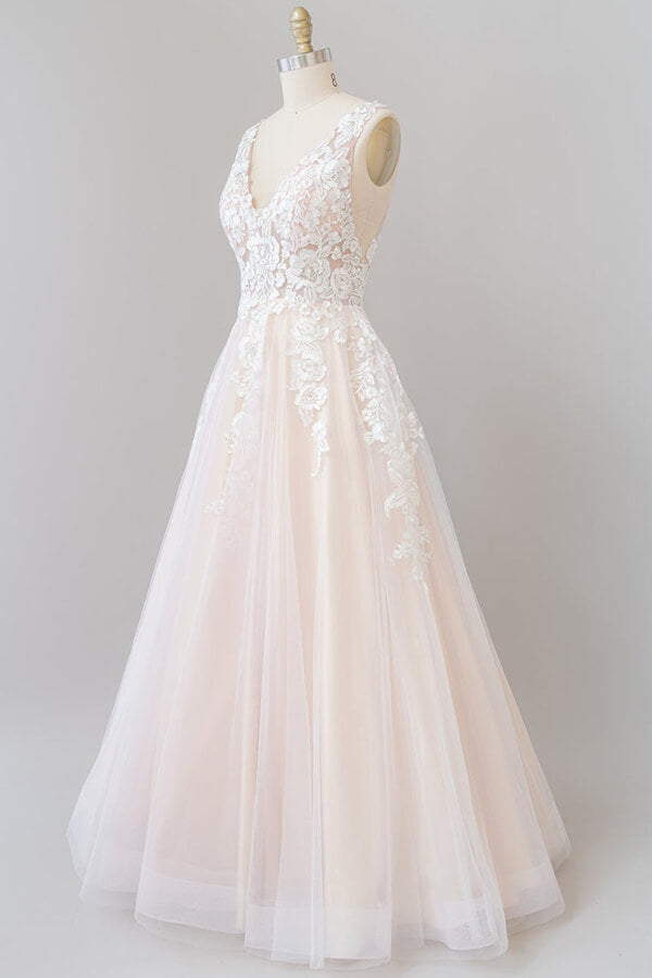 Long A-line V-neck Appliques Lace Tulle Floor length Wedding Dress