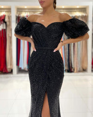 Long Mermaid Off the Shoulder Glitter Side Slit Black Prom Dress with Sleeves