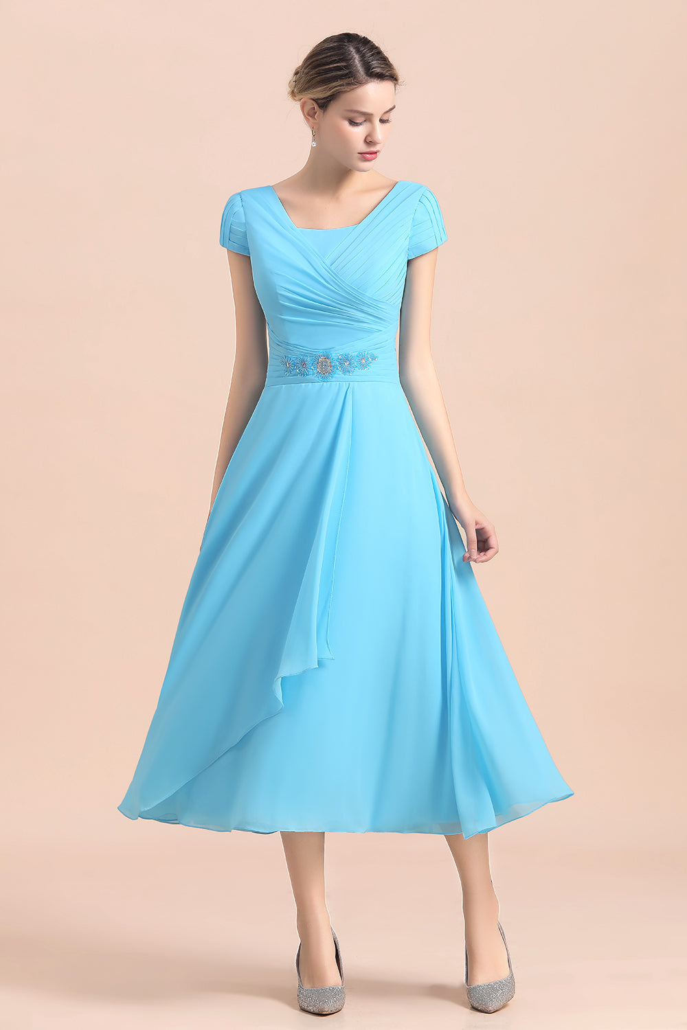 Blue Short Sleeves Chiffon Ruffles Tea-length Mother of the Bride Dress