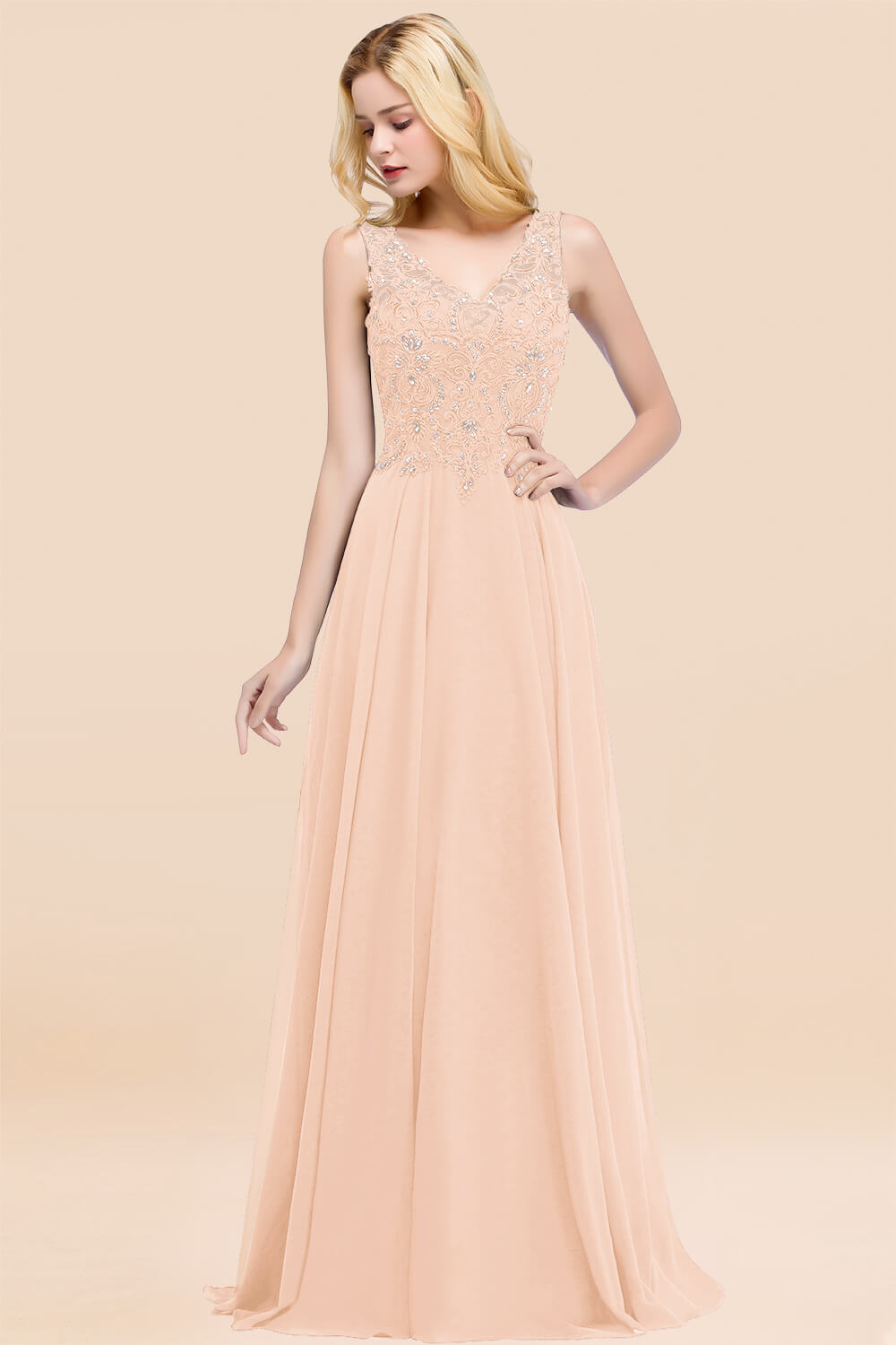 A-line Chiffon Appliques V-neck Sleeveless Floor Length Bridesmaid Dresses with Crystals