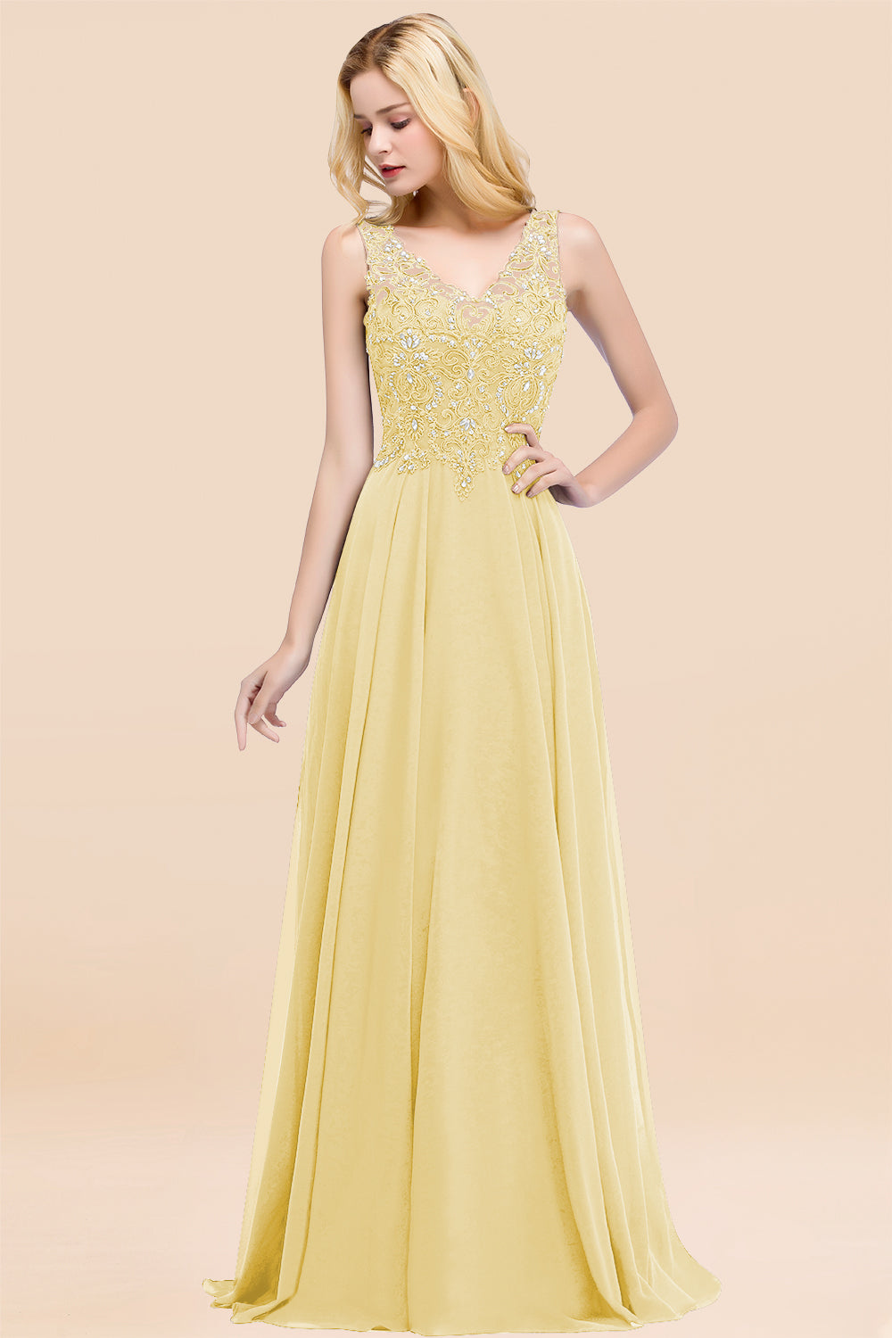 Dusty Rose Lace V-Neck Long Bridesmaid Dresses With Appliques