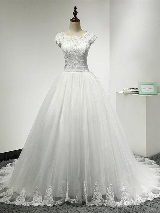 Long Ball Gown Scoop Neck Tulle Lace Cap Sleeve Wedding Dresses