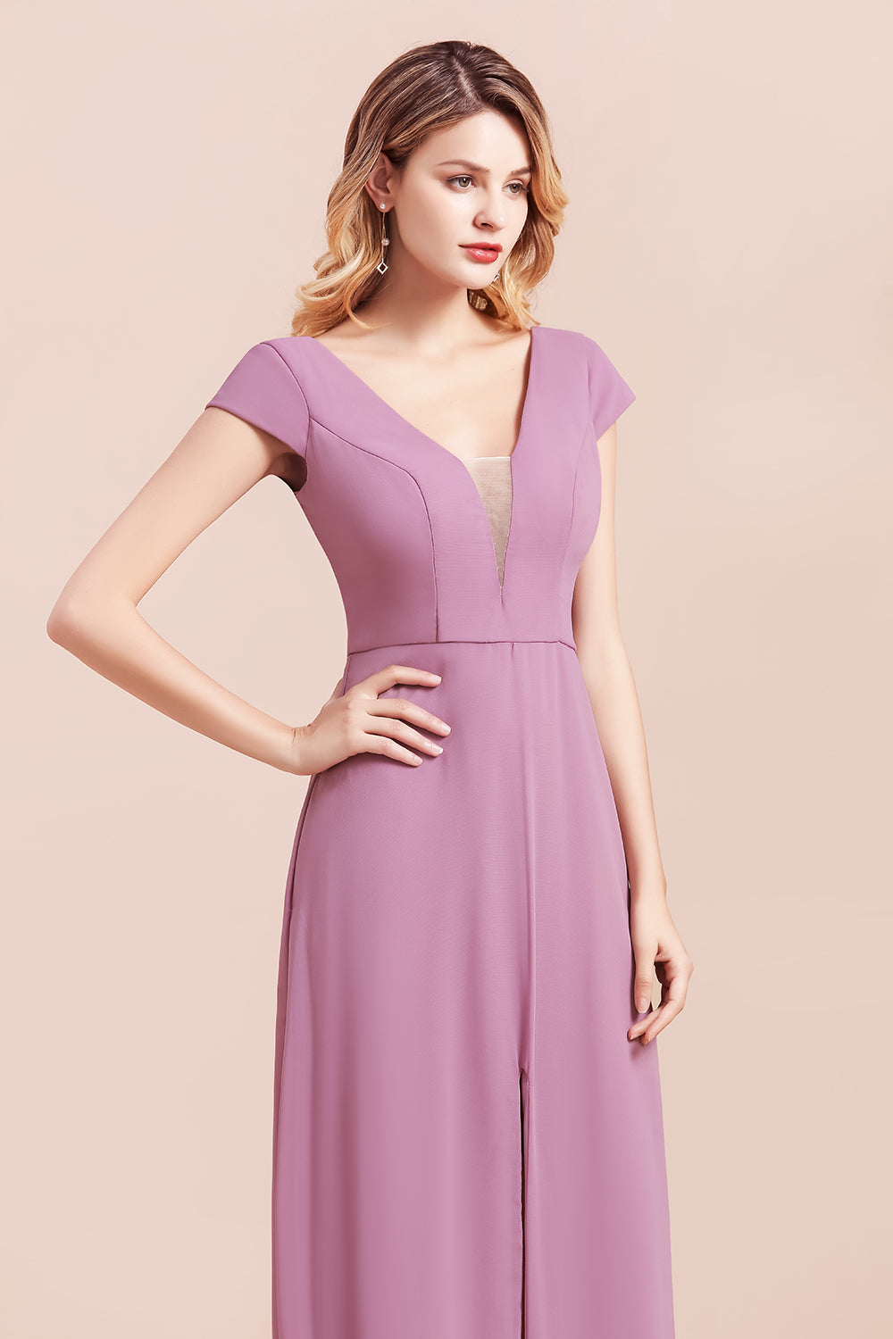 Stylish V-neck Backless A-Line Short Sleeves Chiffon Bridesmaid Dress Wth Side Slit Pockets
