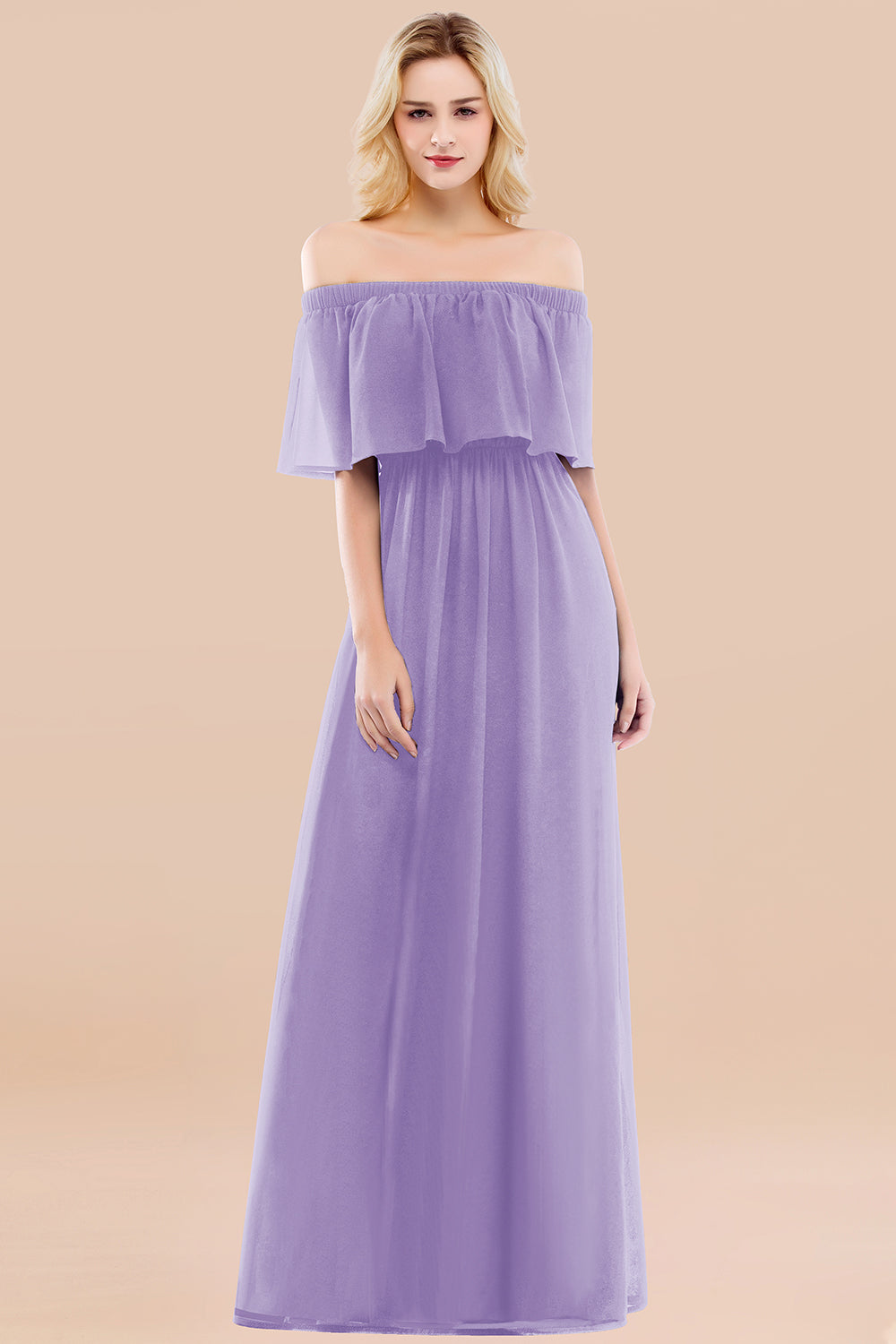 A-line Chiffon Off the Shoulder Short Sleeves Ruffles Floor Length Bridesmaid Dress