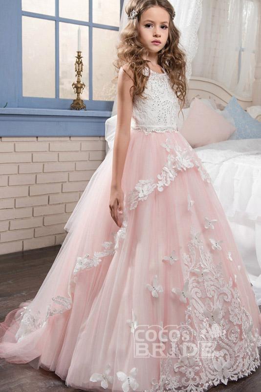 Long Tulle Lace Scoop Neck Sleeveless Ball Gown Flower Girl Dress