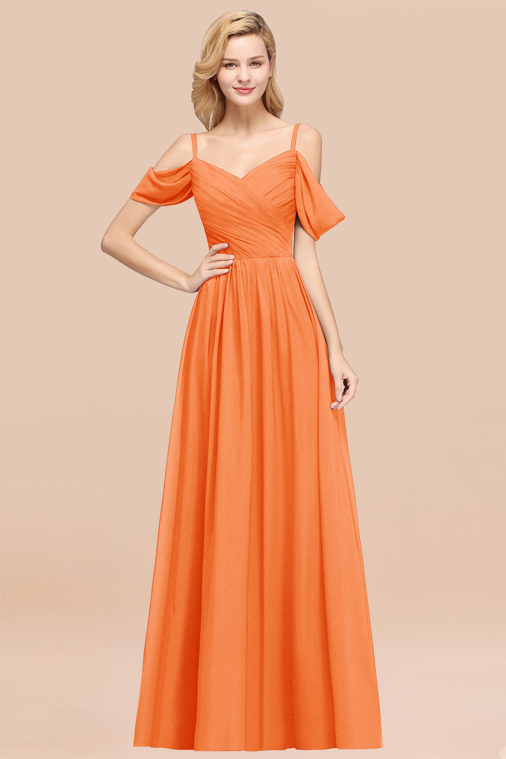 A-Line Chiffon V-Neck Spaghetti Straps Short Sleeves Floor Length Bridesmaid Dresses with Ruffles