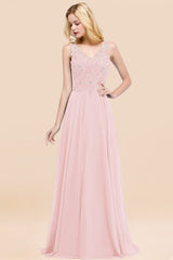 Dusty Rose Lace V-Neck Long Bridesmaid Dresses With Appliques
